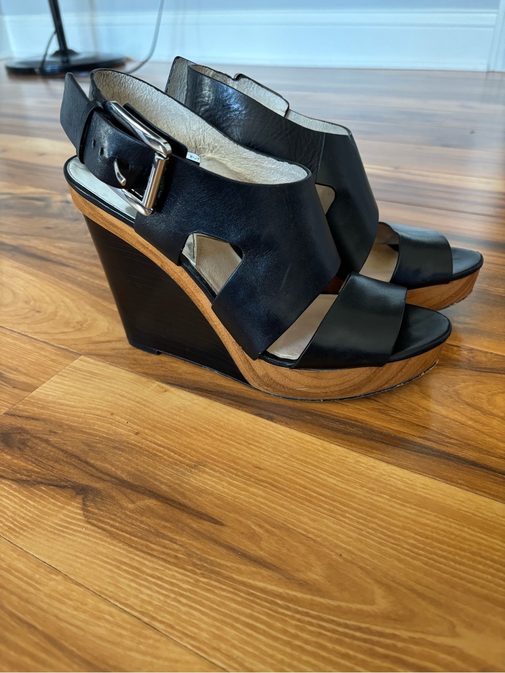 MICHAEL Michael Kors Black Leather Wedge Sandals with Wood-Effect Platform